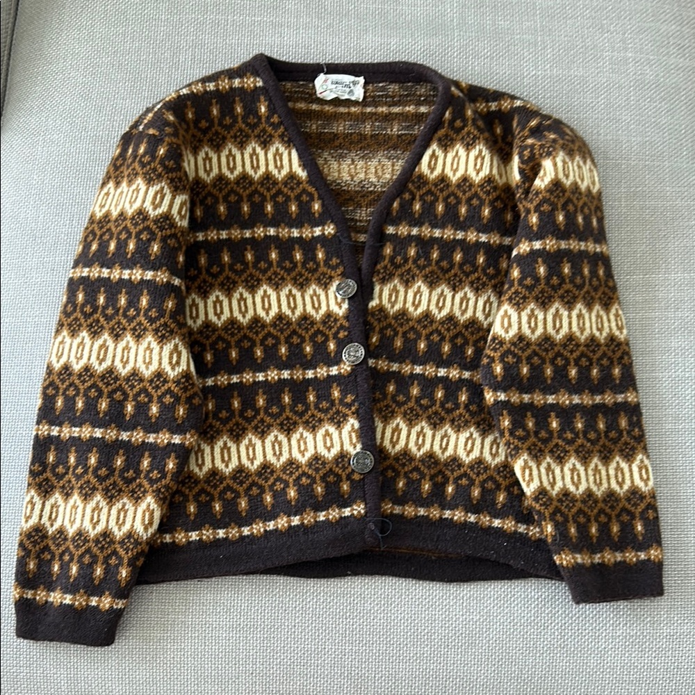 Cream and Brown Fair Isle Cropped Cardigan Sweater